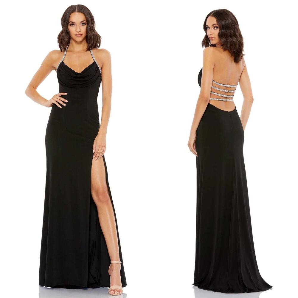 Mac Duggal Sz 0 Black Cowl Neck Halter Strap Low Back Cocktail Gown Rhinestones